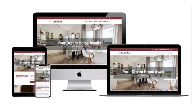 Quality One Custom Homes website design on iMac, iPad, MacBook and iPhone